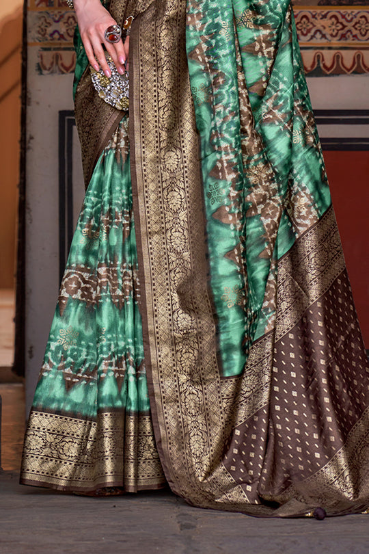 Karagiri Patina Green Printed Patola Silk Saree With Blouse Piece