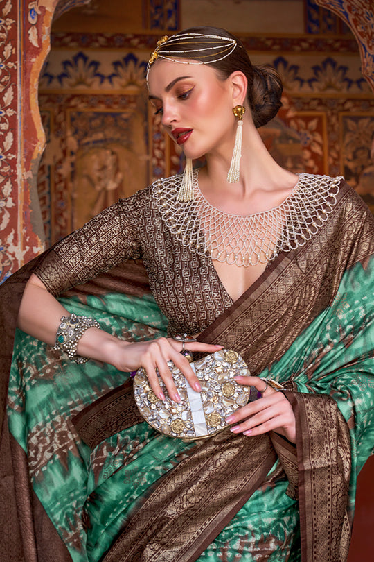 Karagiri Patina Green Printed Patola Silk Saree With Blouse Piece