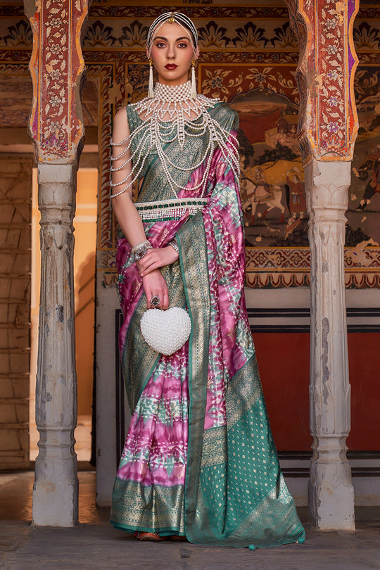 Karagiri Cadillac Purple & Green Printed Patola Silk Saree With Blouse Piece