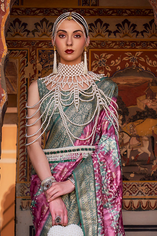 Karagiri Cadillac Purple & Green Printed Patola Silk Saree With Blouse Piece