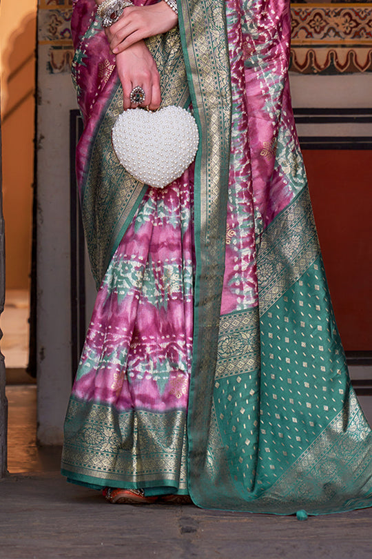 Karagiri Cadillac Purple & Green Printed Patola Silk Saree With Blouse Piece