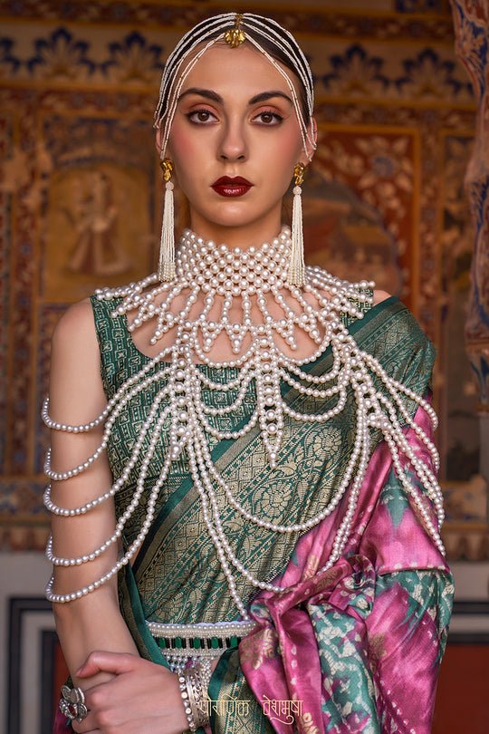 Karagiri Cadillac Purple & Green Printed Patola Silk Saree With Blouse Piece