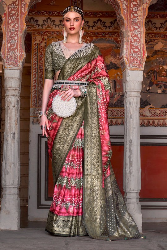 Karagiri Mandy Pink & Green Printed Patola Silk Saree With Blouse Piece