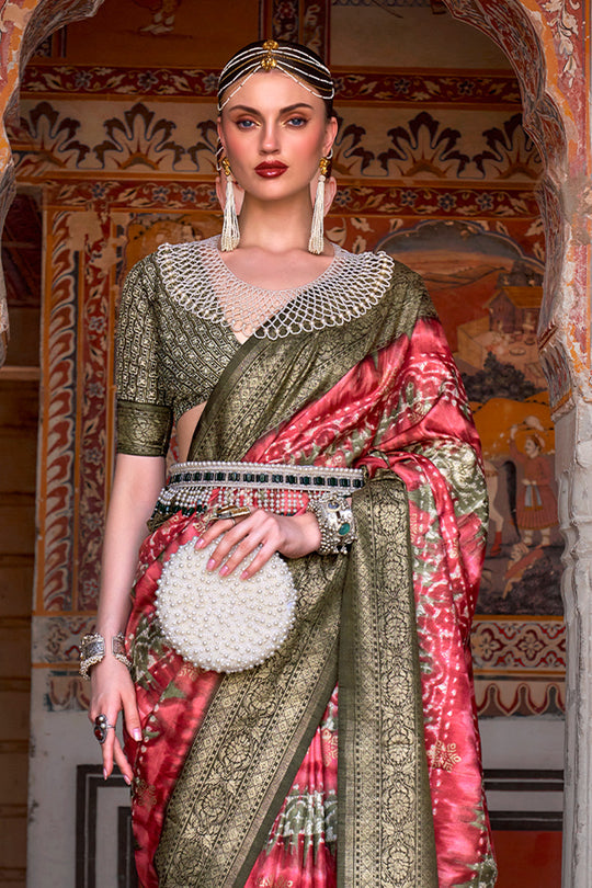 Karagiri Mandy Pink & Green Printed Patola Silk Saree With Blouse Piece