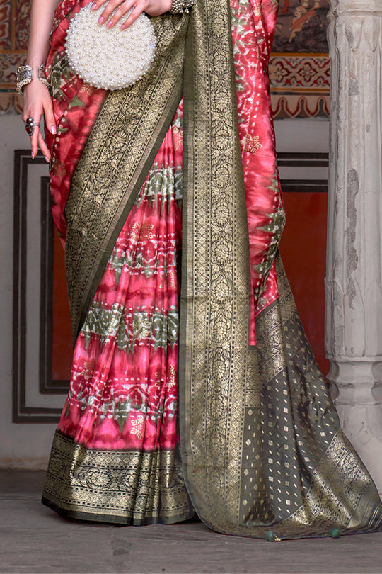 Karagiri Mandy Pink & Green Printed Patola Silk Saree With Blouse Piece