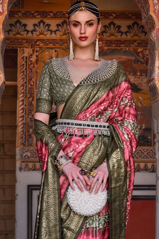 Karagiri Mandy Pink & Green Printed Patola Silk Saree With Blouse Piece