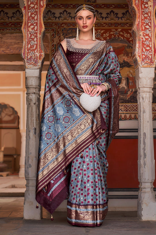 Karagiri Cadet Blue Printed Patola Silk Saree With Blouse Piece