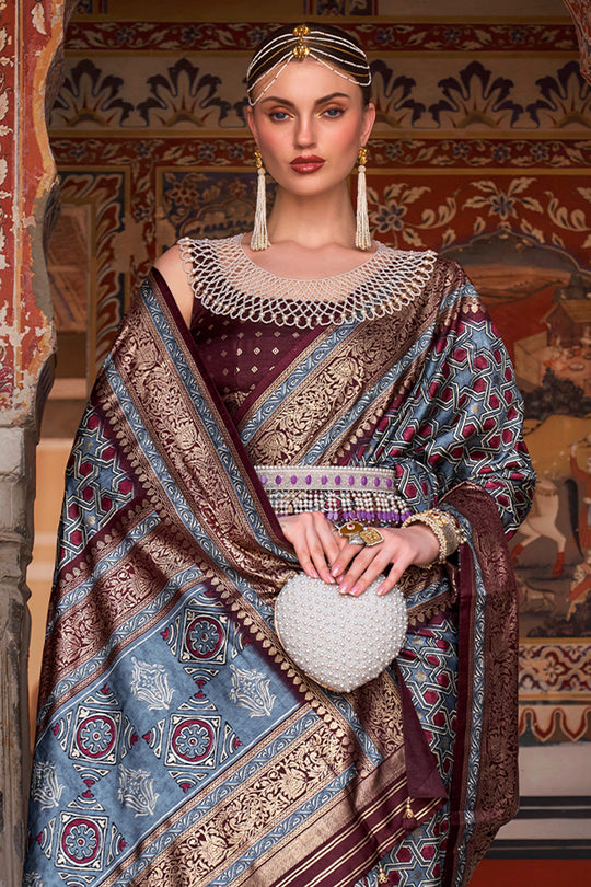 Karagiri Cadet Blue Printed Patola Silk Saree With Blouse Piece