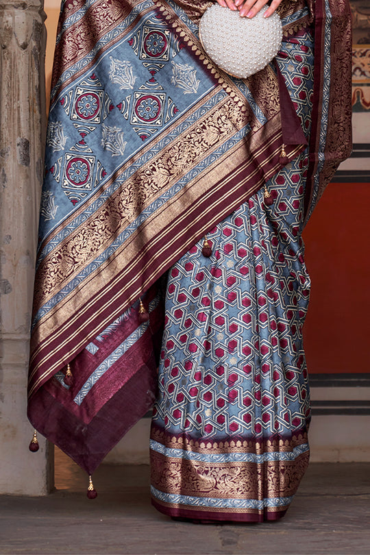 Karagiri Cadet Blue Printed Patola Silk Saree With Blouse Piece