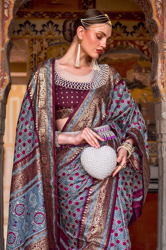 Karagiri Cadet Blue Printed Patola Silk Saree With Blouse Piece