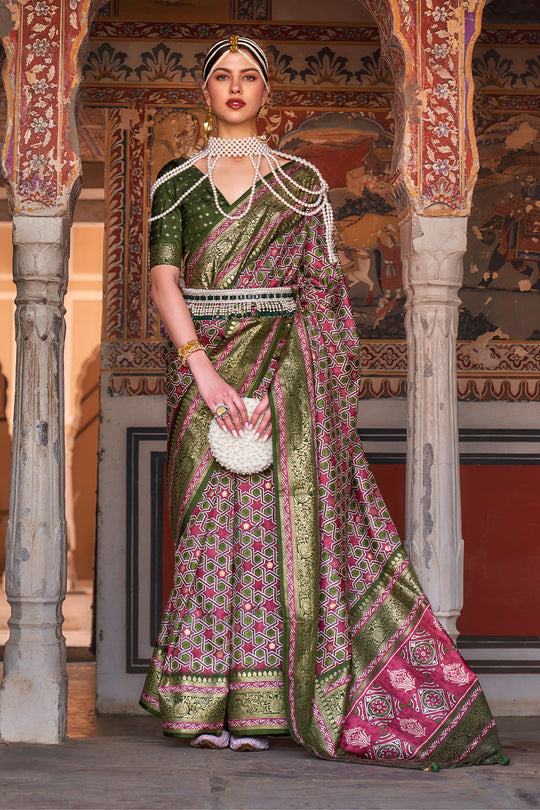 Karagiri Pink & Green Printed Patola Silk Saree With Blouse Piece