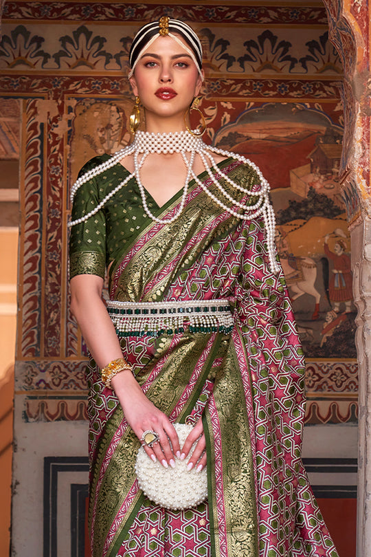 Karagiri Pink & Green Printed Patola Silk Saree With Blouse Piece