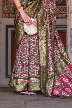 Karagiri Pink & Green Printed Patola Silk Saree With Blouse Piece