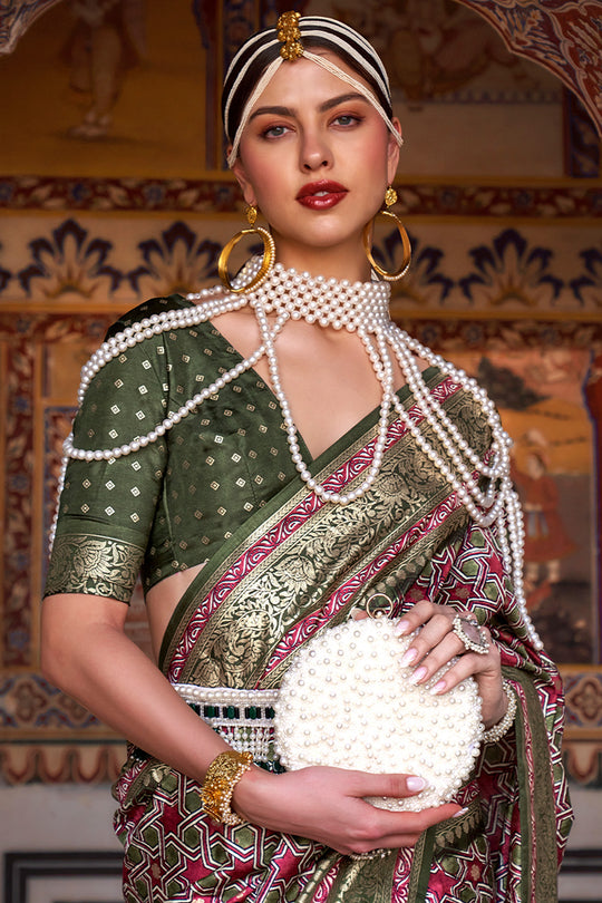 Karagiri Pink & Green Printed Patola Silk Saree With Blouse Piece