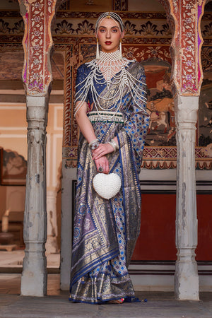 Karagiri Comet Blue Printed Patola Silk Saree With Blouse Piece