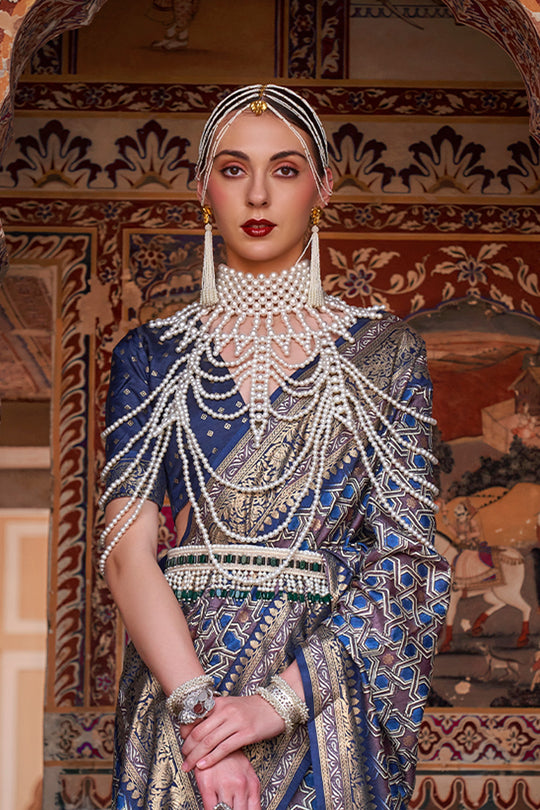 Karagiri Comet Blue Printed Patola Silk Saree With Blouse Piece