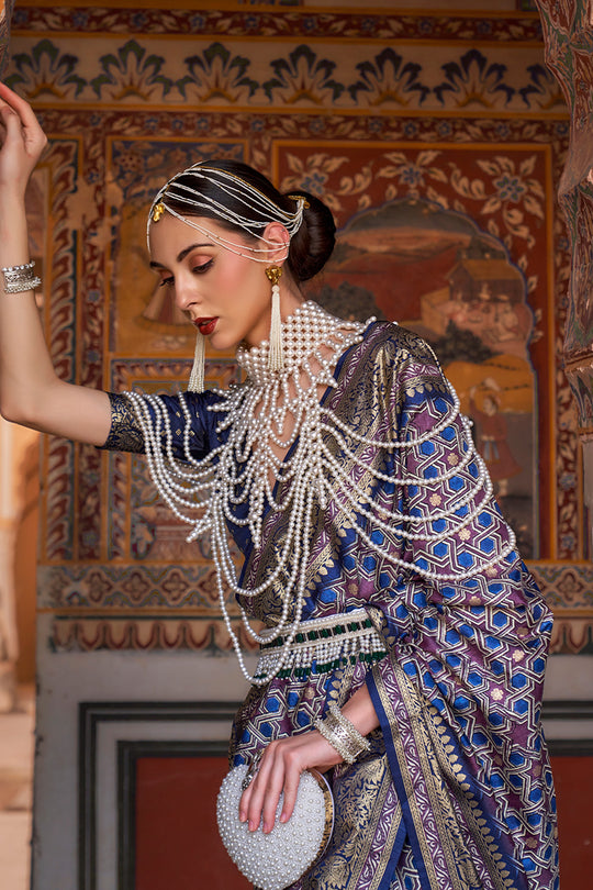 Karagiri Comet Blue Printed Patola Silk Saree With Blouse Piece