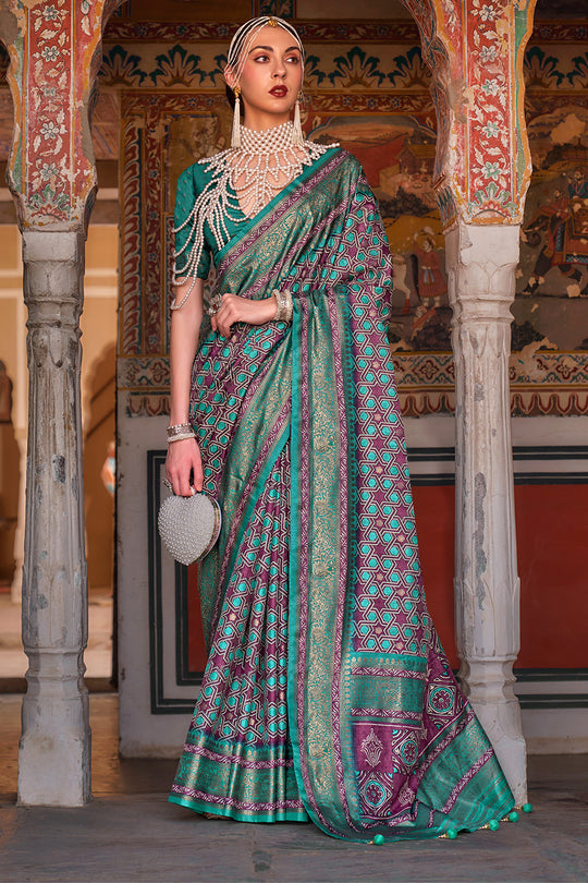 Karagiri Green Printed Patola Silk Saree With Blouse Piece