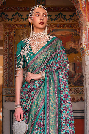Karagiri Green Printed Patola Silk Saree With Blouse Piece
