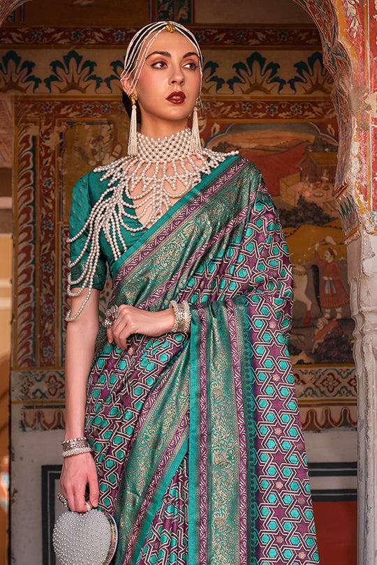 Karagiri Green Printed Patola Silk Saree With Blouse Piece