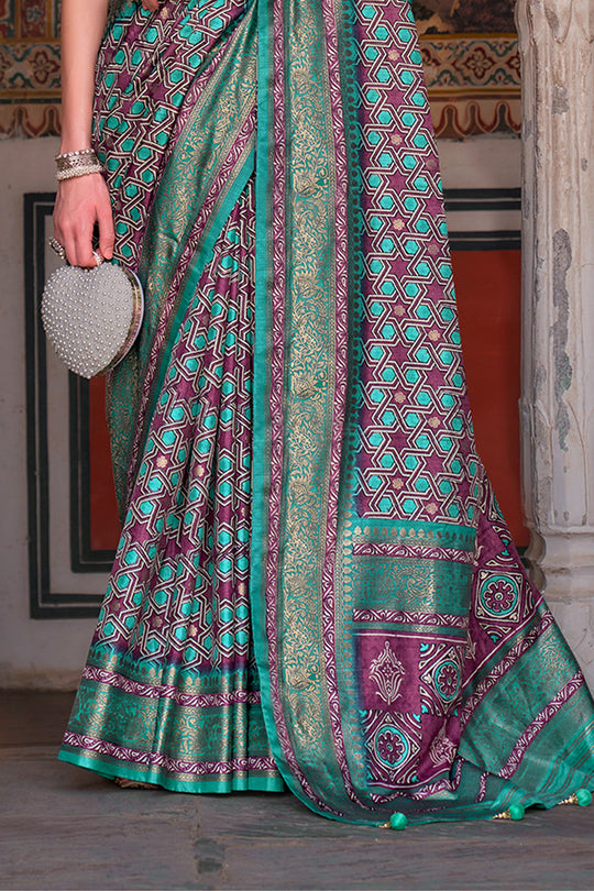 Karagiri Green Printed Patola Silk Saree With Blouse Piece