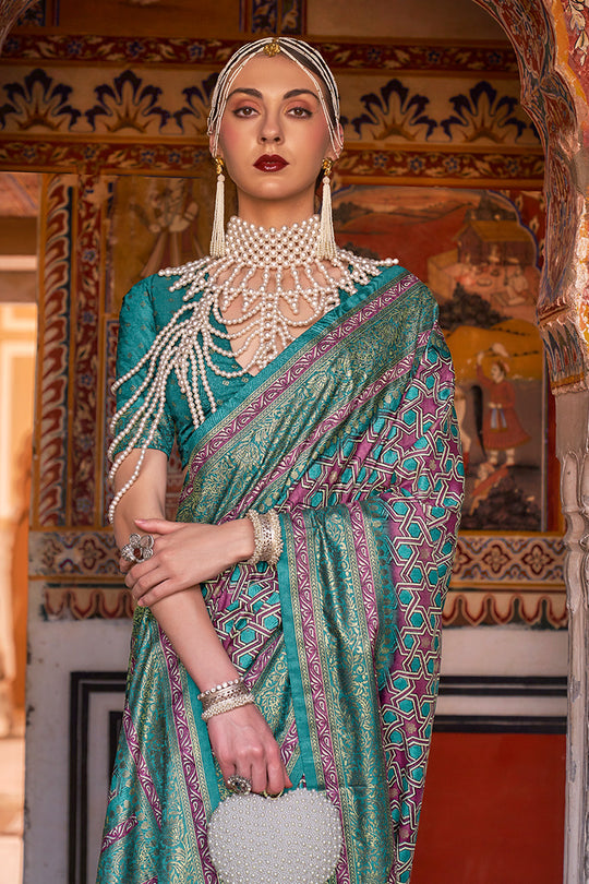 Karagiri Green Printed Patola Silk Saree With Blouse Piece