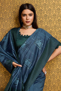 Teal Tussar Silk Saree With Blouse Piece