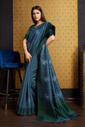 Teal Tussar Silk Saree With Blouse Piece