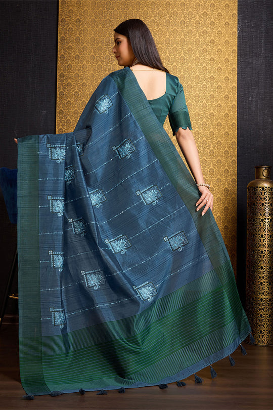 Teal Tussar Silk Saree With Blouse Piece