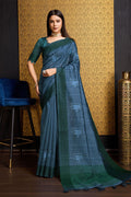 Teal Tussar Silk Saree With Blouse Piece