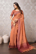 Orange Tussar Silk Saree With Blouse Piece