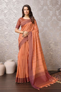 Orange Tussar Silk Saree With Blouse Piece