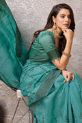 Teal Tussar Silk Saree With Blouse Piece