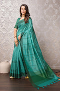 Teal Tussar Silk Saree With Blouse Piece