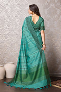 Teal Tussar Silk Saree With Blouse Piece