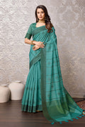 Teal Tussar Silk Saree With Blouse Piece