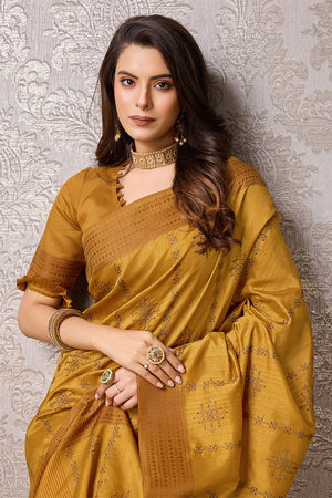 Yellow Tussar Silk Saree With Blouse Piece
