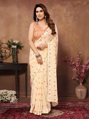 Cream Georgette Ready to Wear Saree With Blouse Piece