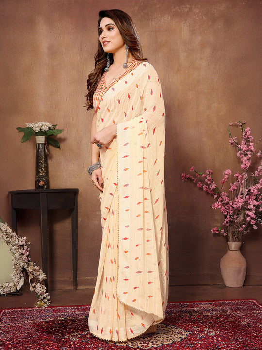 Cream Georgette Ready to Wear Saree With Blouse Piece