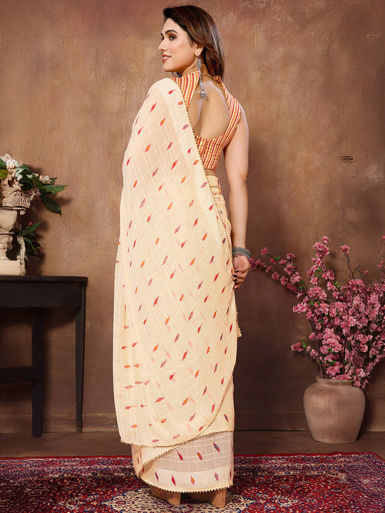 Cream Georgette Ready to Wear Saree With Blouse Piece