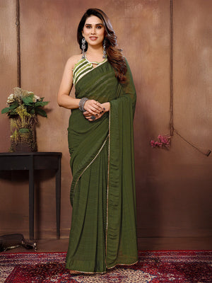 Green Georgette Ready to Wear Saree With Blouse Piece