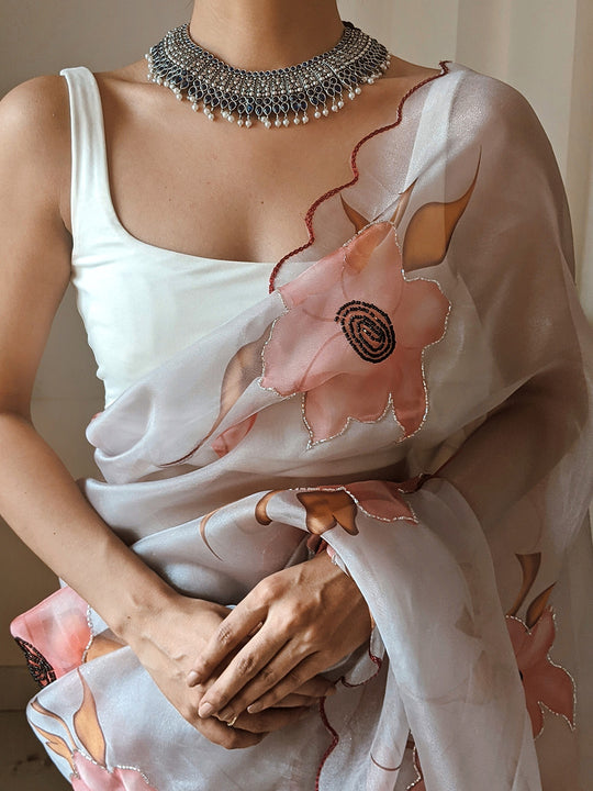 Grey Organza Saree With Blouse Piece