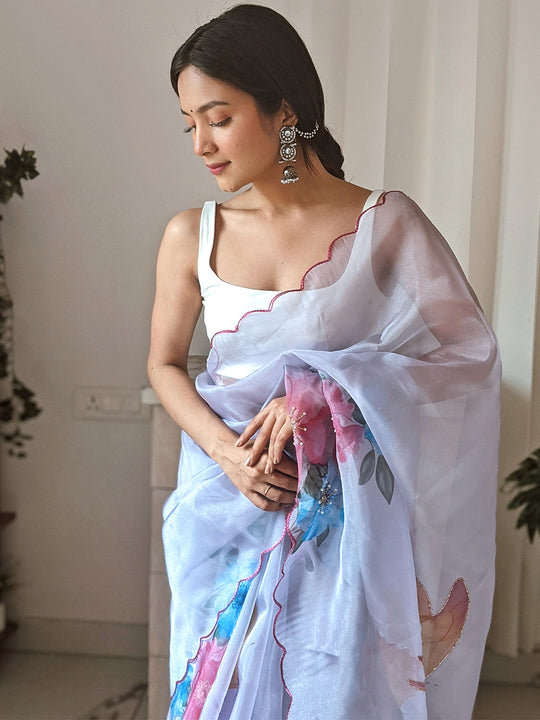 Sky Blue Organza Saree With Blouse Piece