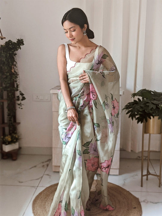 Green Organza Saree With Blouse Piece