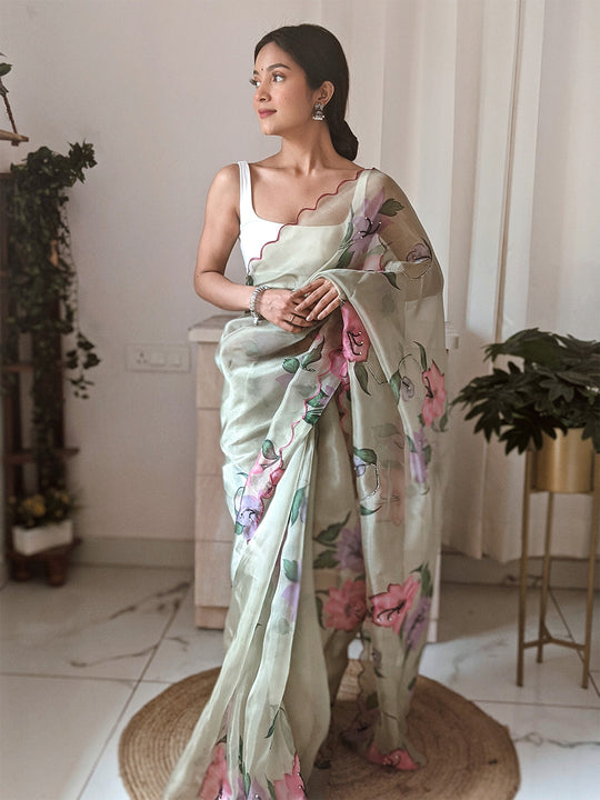 Green Organza Saree With Blouse Piece