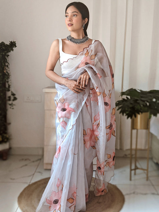 Grey Organza Saree With Blouse Piece
