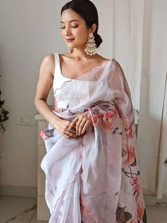 Baby Pink Organza Saree With Blouse Piece