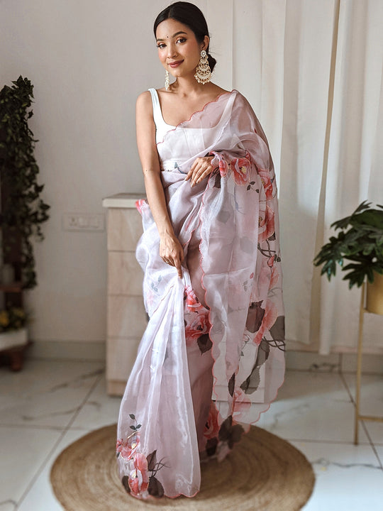 Baby Pink Organza Saree With Blouse Piece
