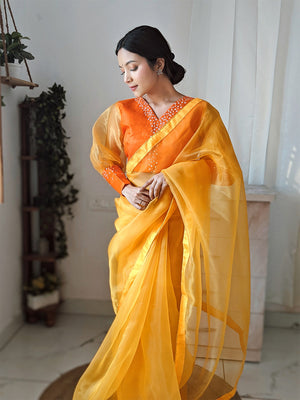 Yellow Organza Saree With Blouse Piece