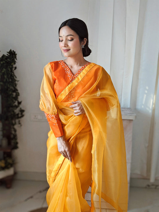 Yellow Organza Saree With Blouse Piece